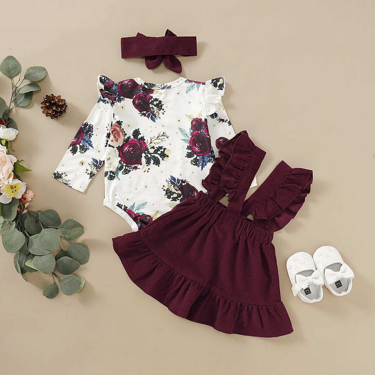 Baby Girl Flower Print 3-Piece Set – Strap Skirt, Long Sleeve Top & Hair Band