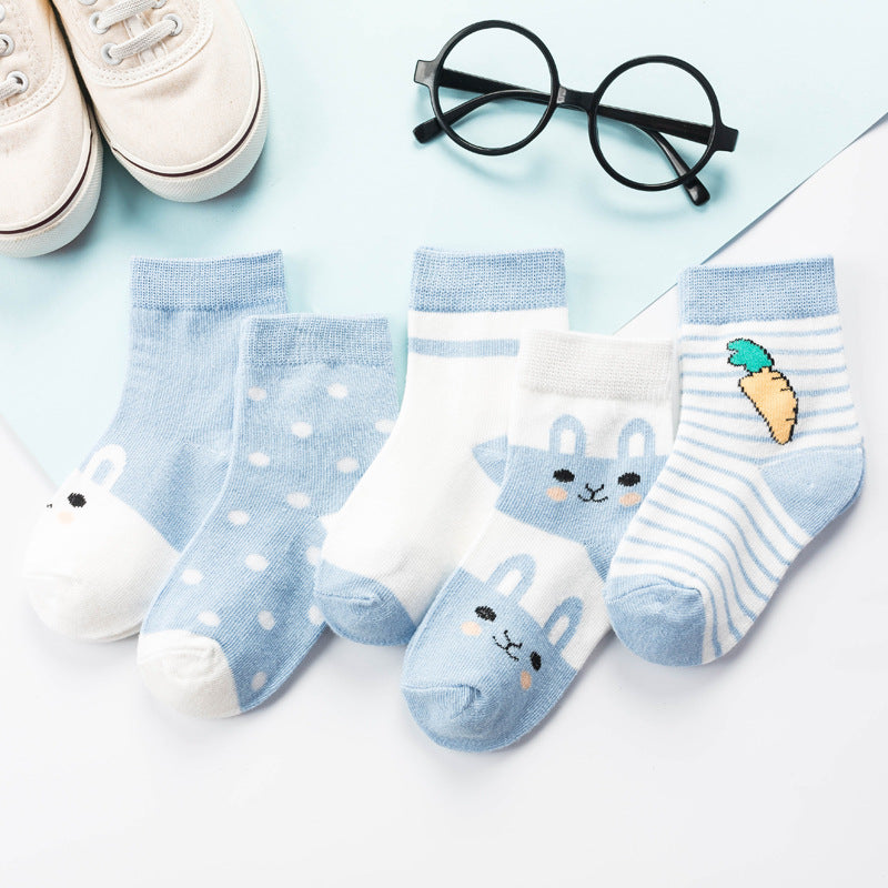 Baby & Kids Cartoon Jacquard Socks – Soft Cotton Mid-Tube Socks Set of 5