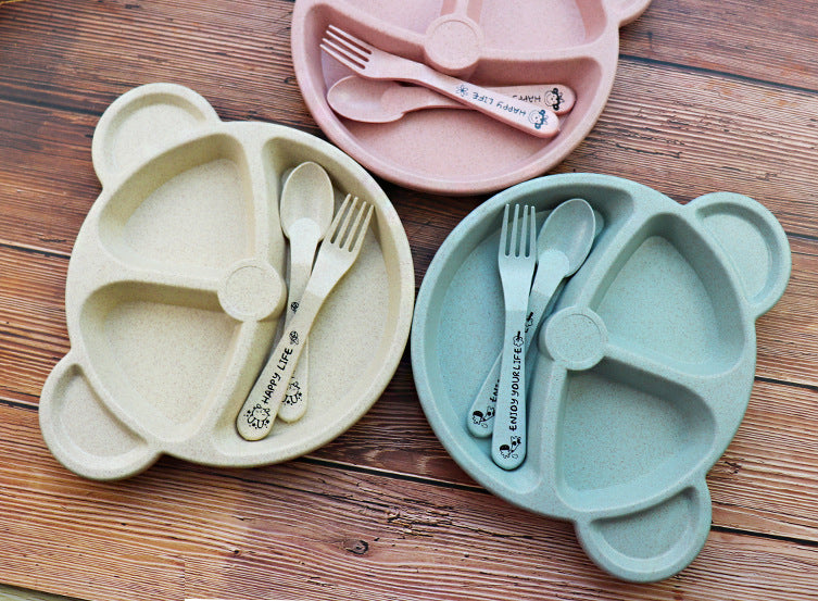 Baby Divided Snack Plate Set – Eco-Friendly Wheat Straw Plate with Spoon & Fork for Toddlers