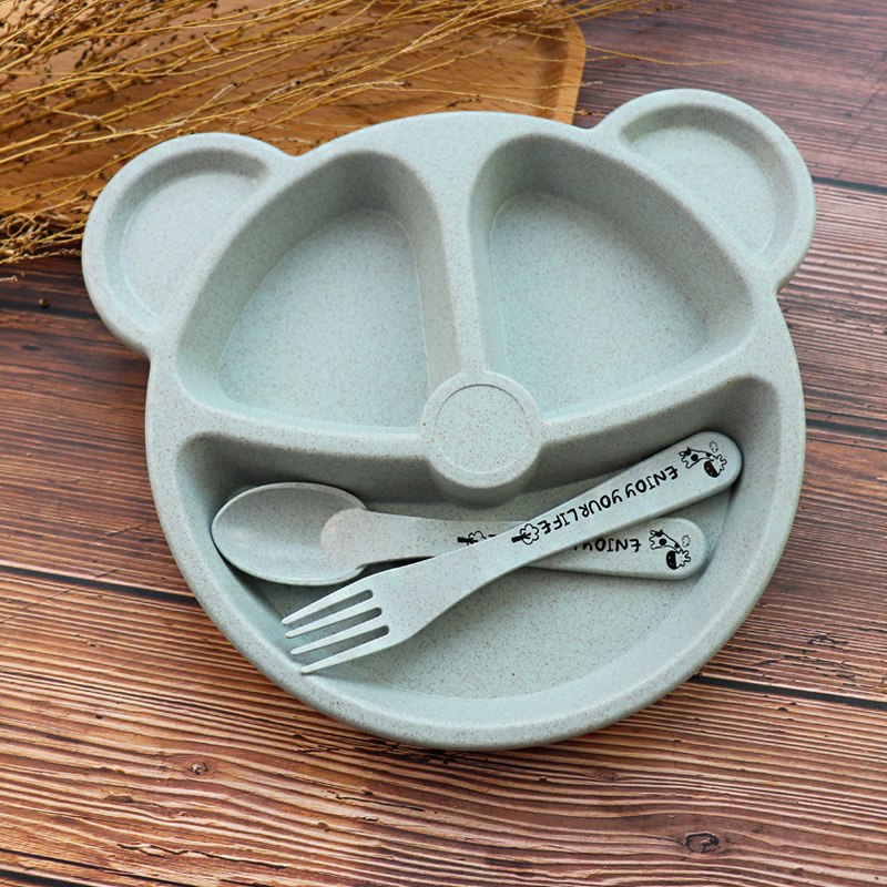 Baby Divided Snack Plate Set – Eco-Friendly Wheat Straw Plate with Spoon & Fork for Toddlers