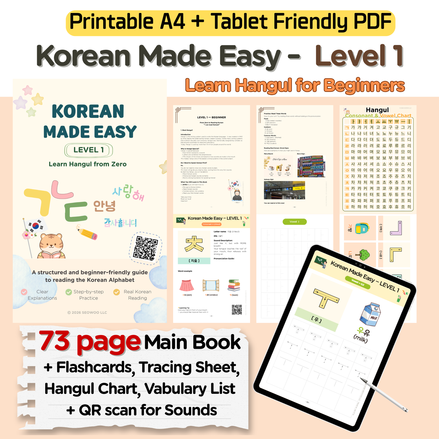 Hangul Korean Made Easy Level 1 | Beginner Learning (A4/Tablet PDF)