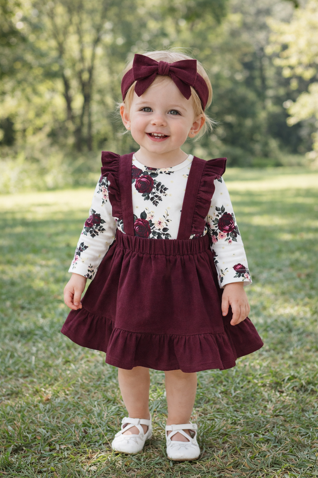Baby Girl Flower Print 3-Piece Set – Strap Skirt, Long Sleeve Top & Hair Band